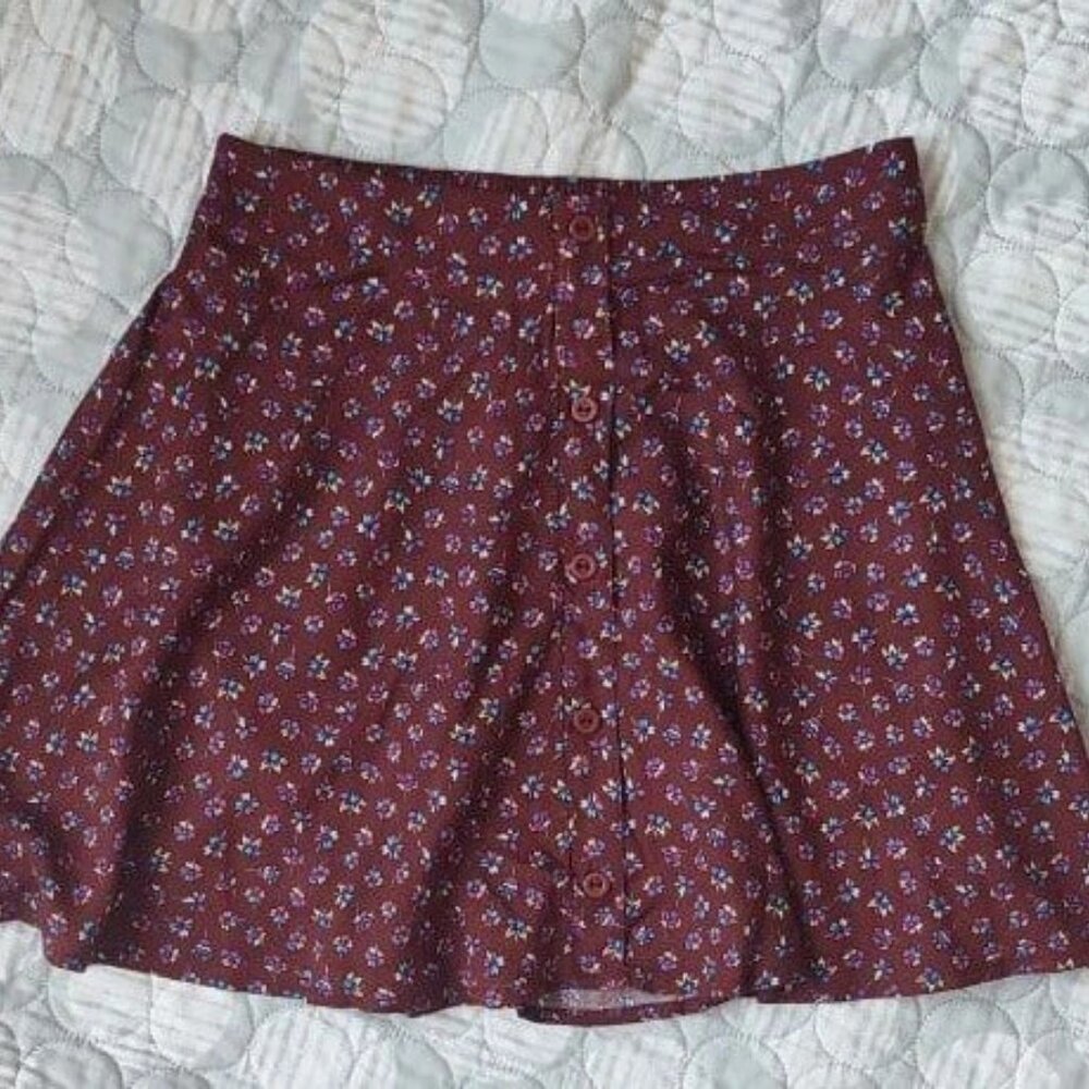 Lush Burgundy Wine Red All Over Floral Print Elastic Waist Pull On Skater Skirt